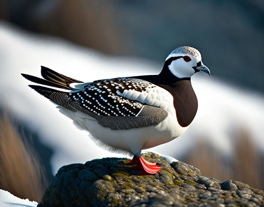 Arctic ptarmigan with white, brown, and black plumage on mossy rock in snowy