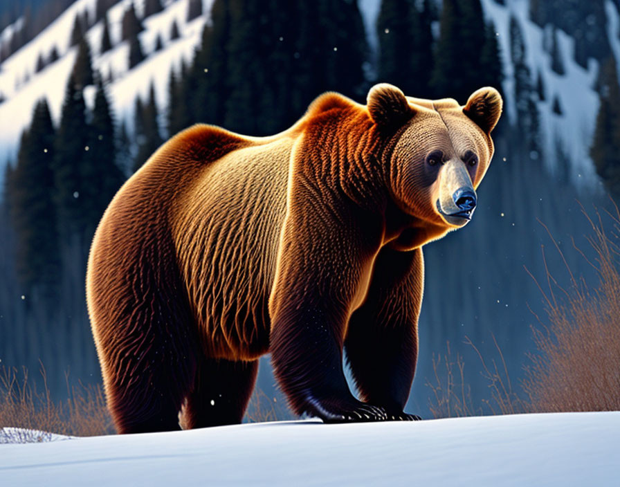 Brown Bear in Snowy Landscape with Forested Mountain