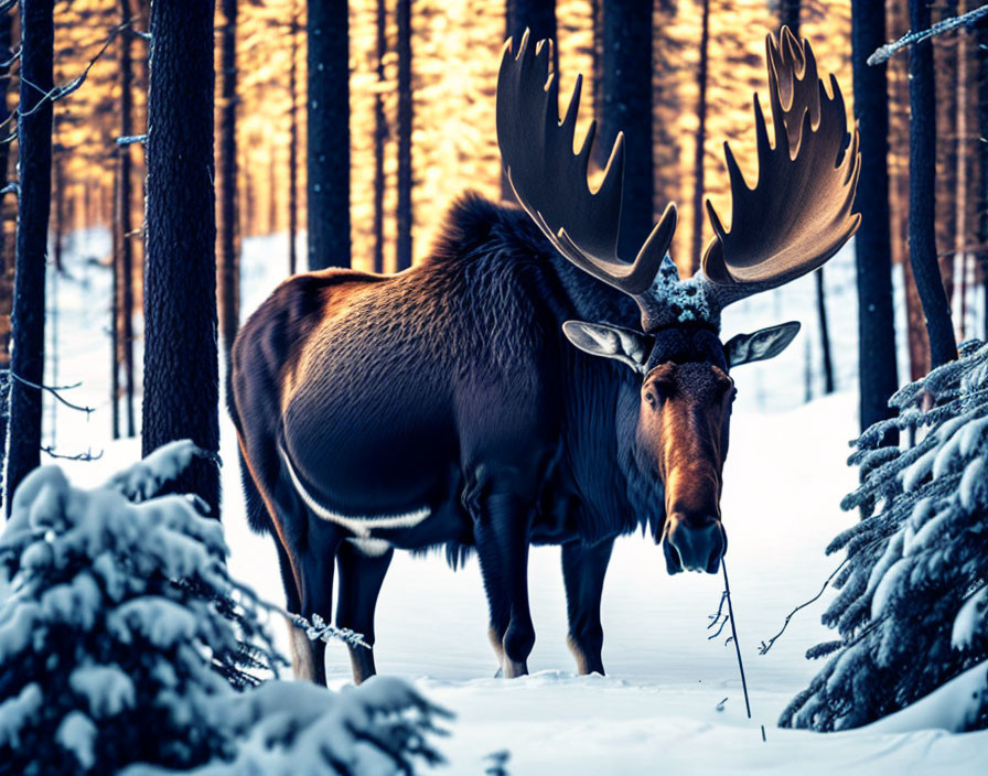 Majestic moose with prominent antlers in snowy forest landscape