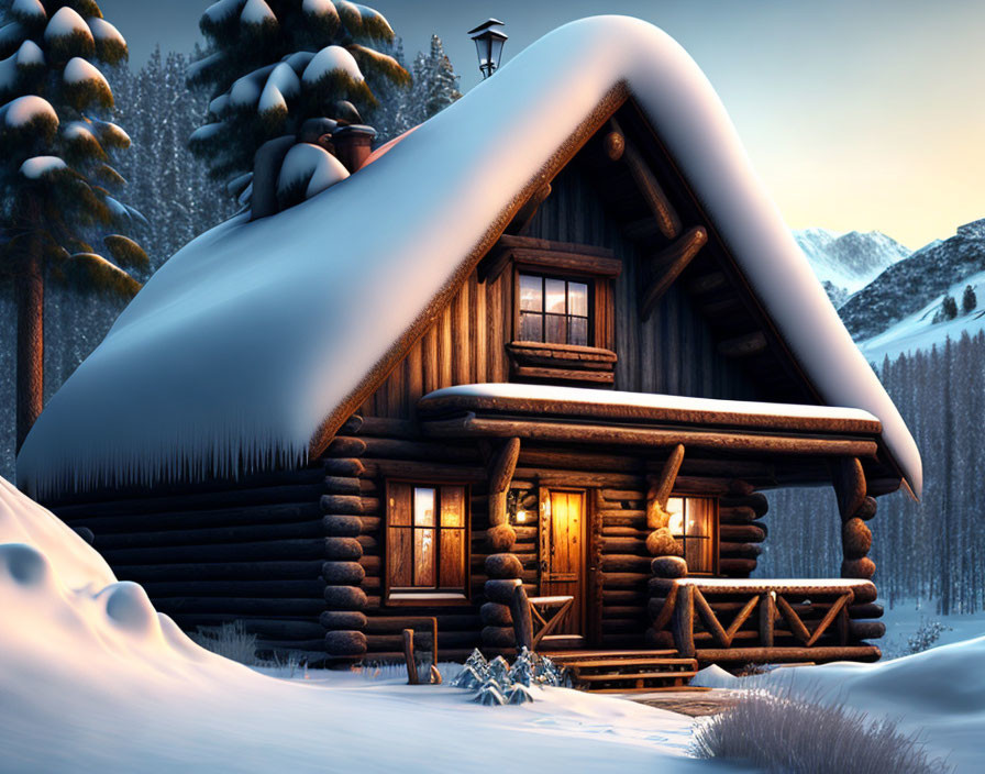 Snow-covered log cabin in twilight winter landscape