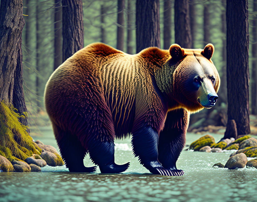 Brown Bear Standing by Forest Stream Among Tall Trees