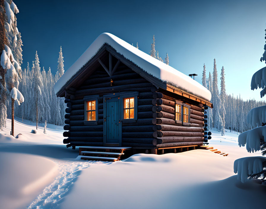 Snow-covered log cabin in serene winter forest