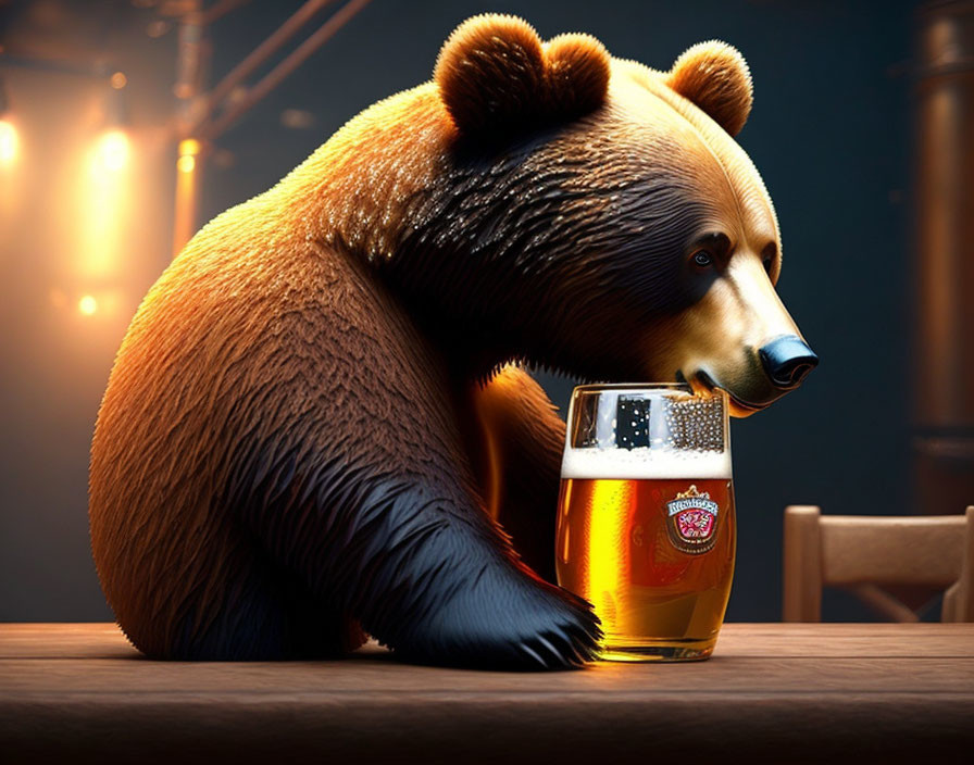 Brown bear sitting at bar with paw on pint in dimly lit tavern