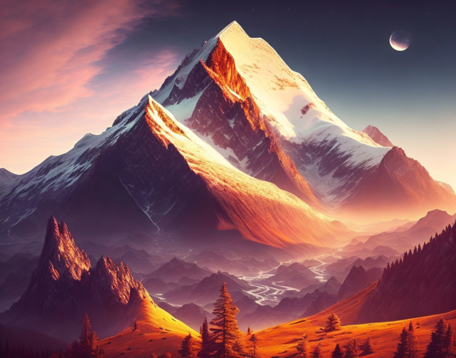 Snow-capped mountain at sunset with crescent moon, orange landscape, pine trees, rivers