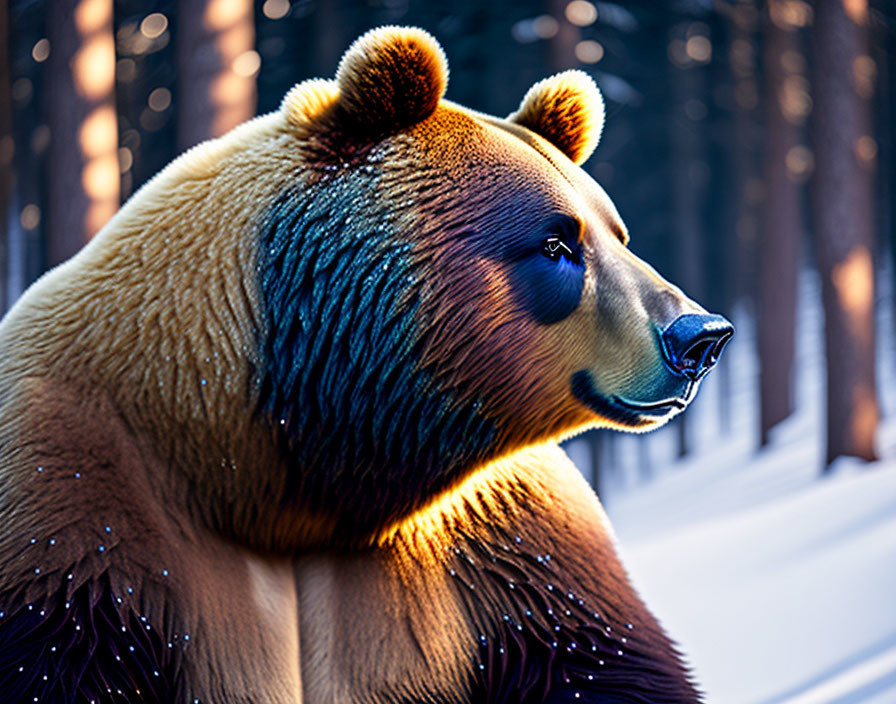 Brown Bear Profile in Snowy Forest with Sunlight