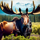 Majestic moose with sprawling antlers in lush greenery