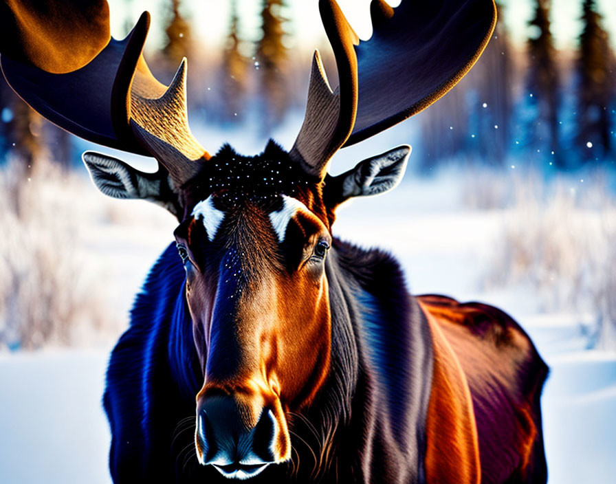 Majestic moose with antlers in wintry landscape