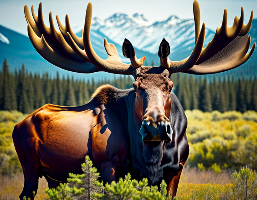 Majestic moose with sprawling antlers in lush greenery