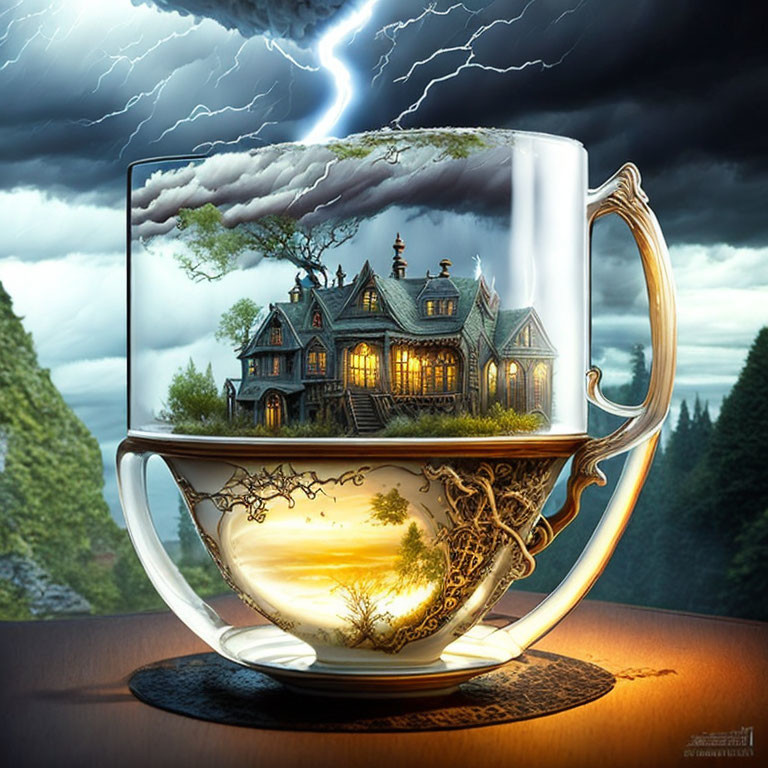 Surreal cup with stormy sky, Victorian house, tree roots