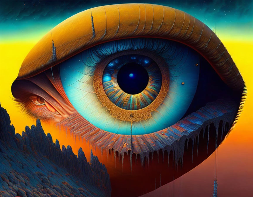 Surrealist painting of colossal eye above fantastical landscape