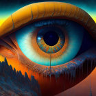 Surrealist painting of colossal eye above fantastical landscape