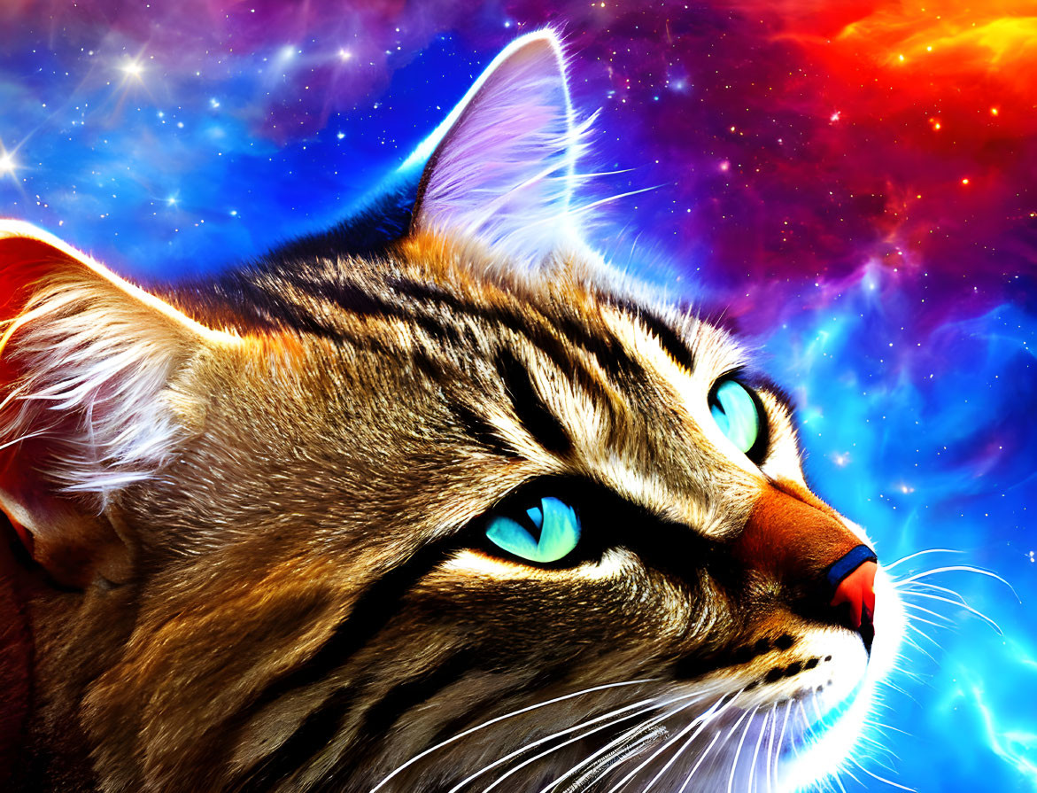 Colorful Digital Artwork: Cat with Blue Eyes on Cosmic Background