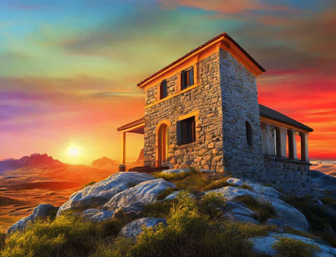 Stone house on rocky hill under colorful sunset sky