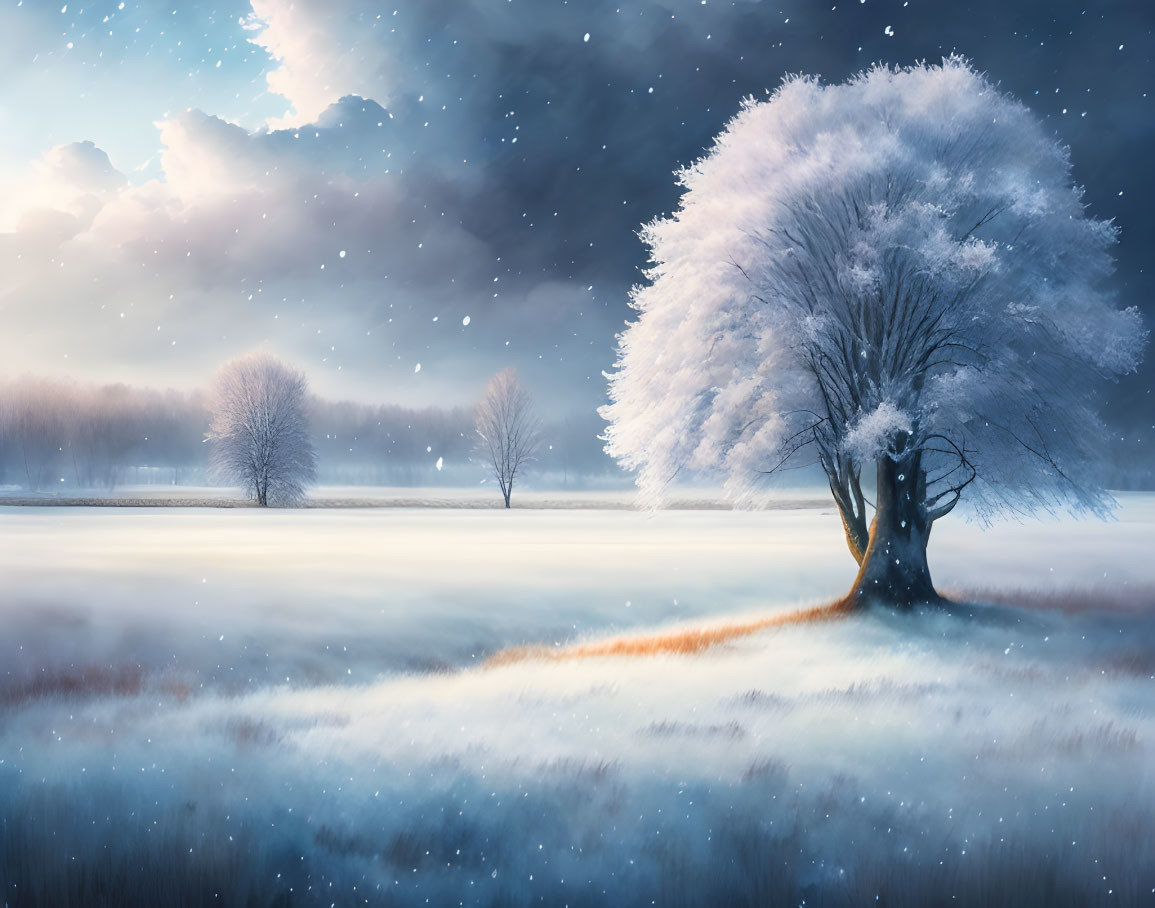 Tranquil Winter Landscape with Frosted Trees and Snowy Ground