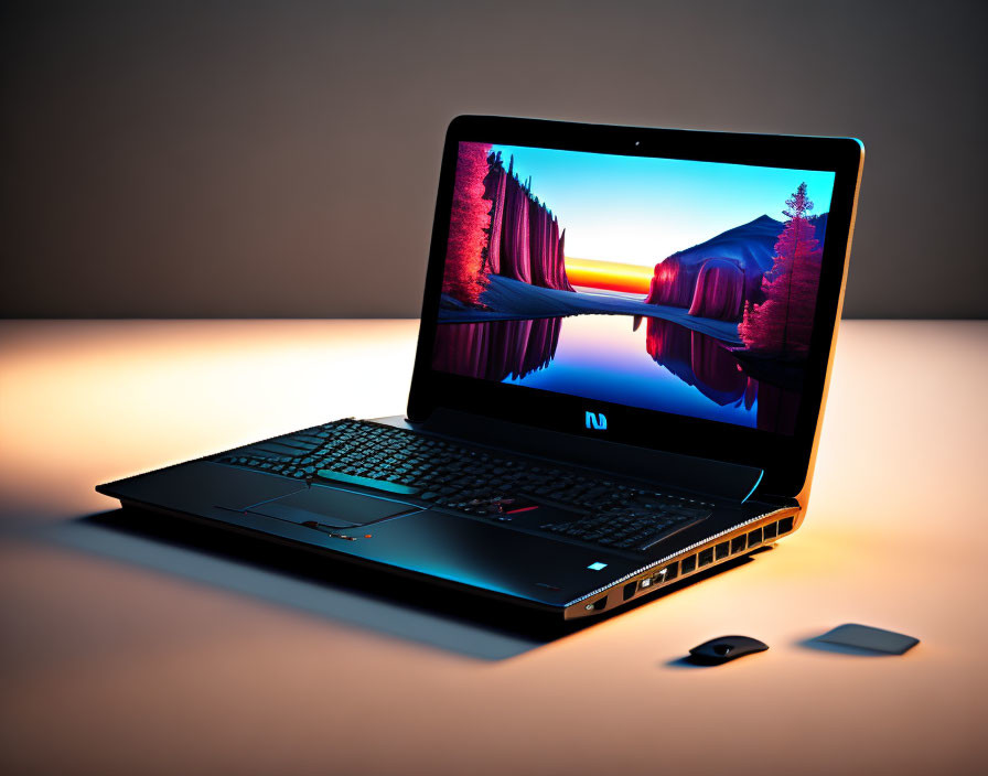 Laptop on Desk with Sunset Wallpaper and Accessories