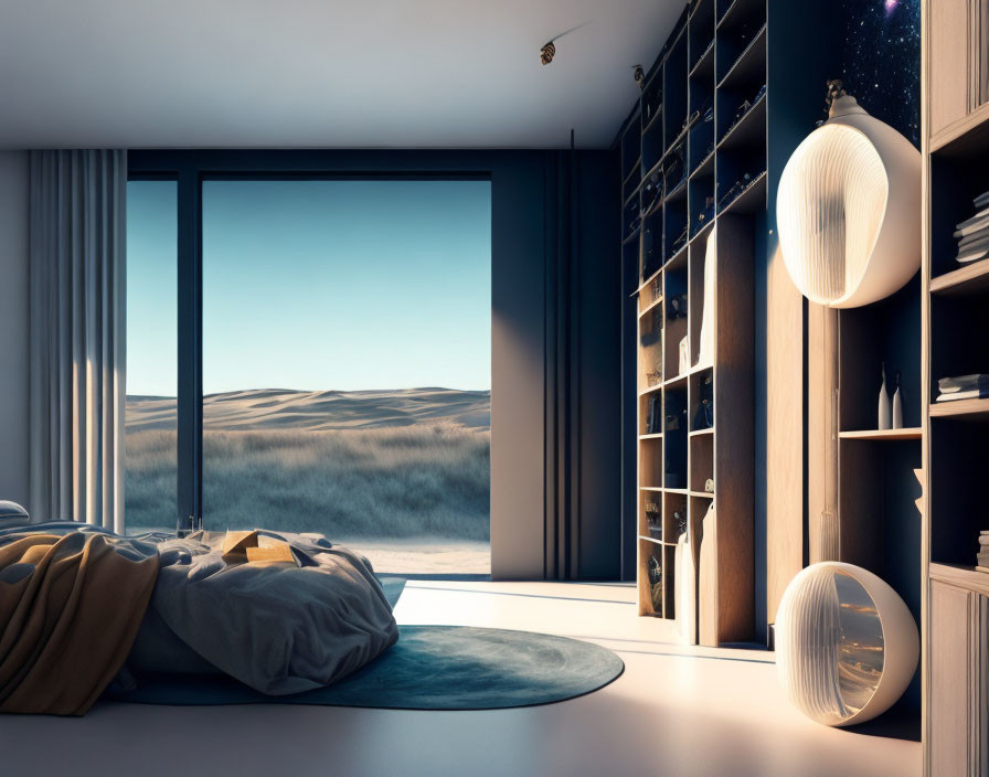 Modern Bedroom with Large Window View of Sand Dunes and Stylish Furnishings