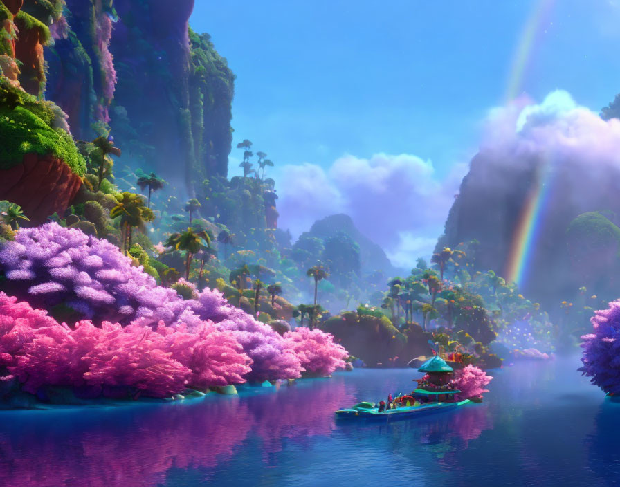 Colorful animated landscape with pink foliage, boat on river, cliffs, rainbow, misty ambiance