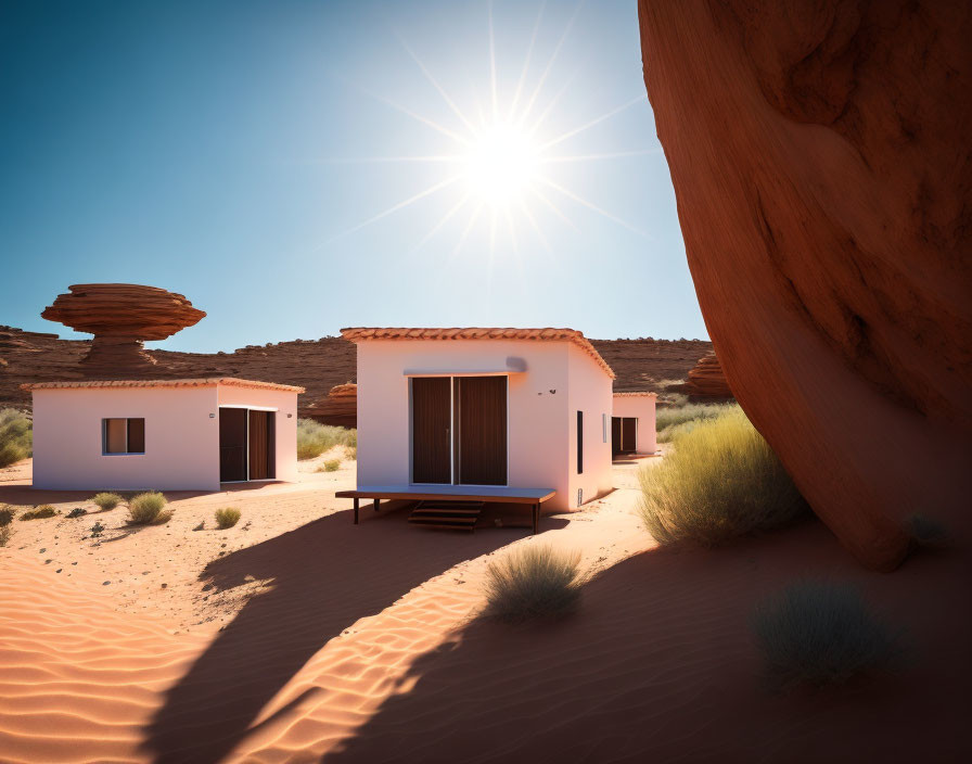 White flat-roofed house in sandy desert with round structures under clear blue sky