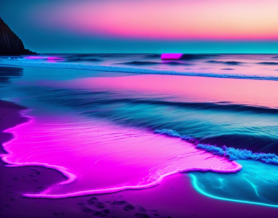 Twilight beach scene with neon pink and blue hues