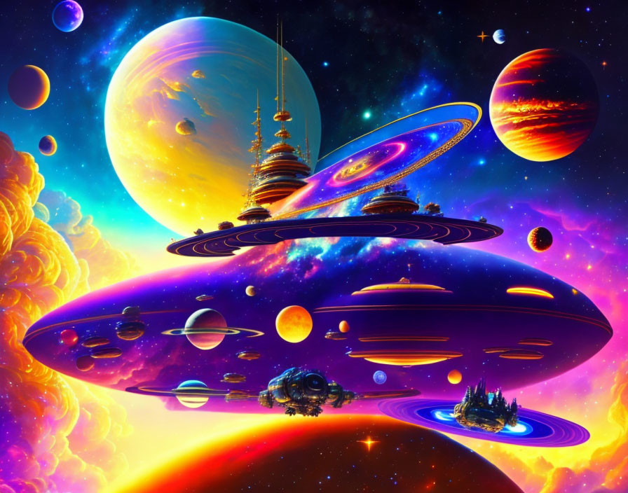 Colorful Space Scene with Fantastical Planets & Space Stations