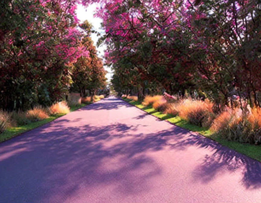 Scenic tree-lined road with purple and green foliage