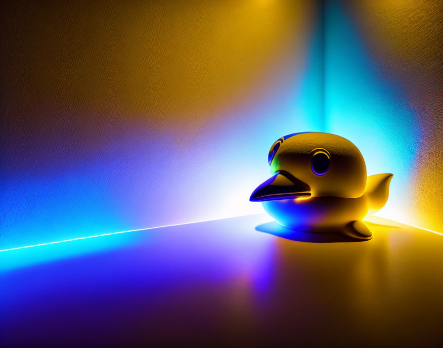 Rubber duck under blue and yellow lights on two-toned wall