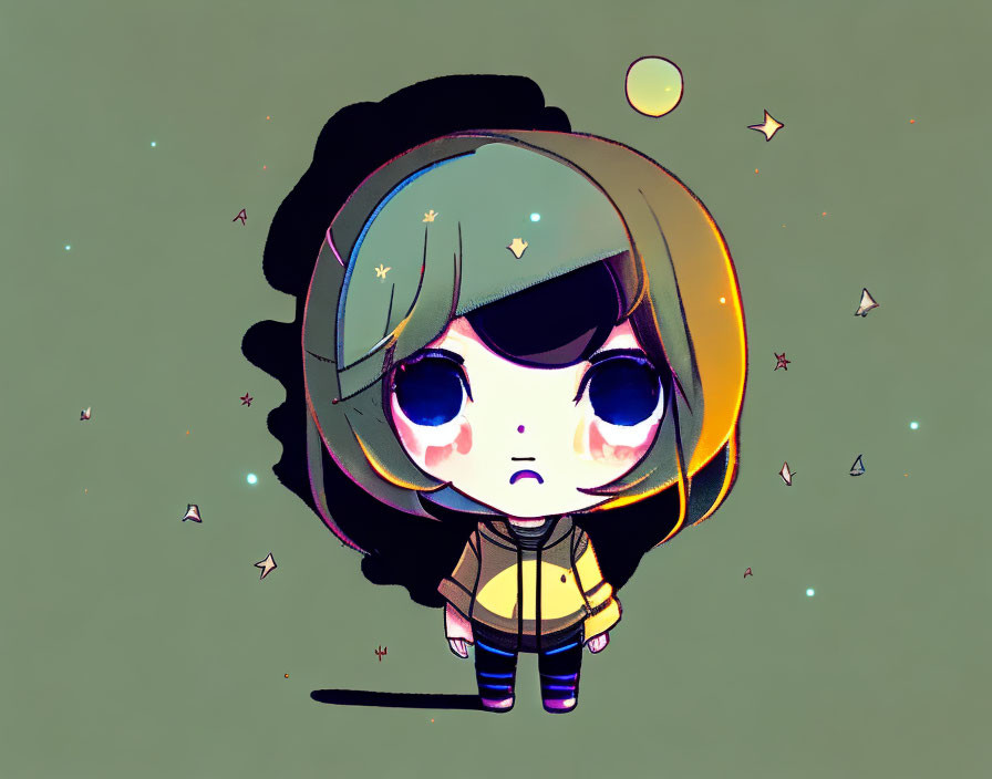 Chibi character with greenish-blue bob haircut in yellow jacket