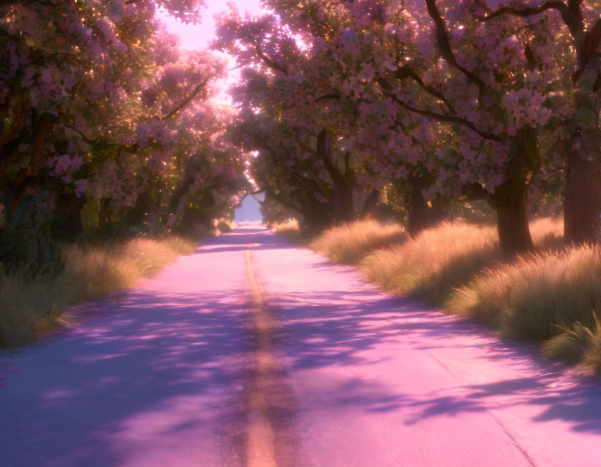 Tranquil cherry blossom path under soft pink sky