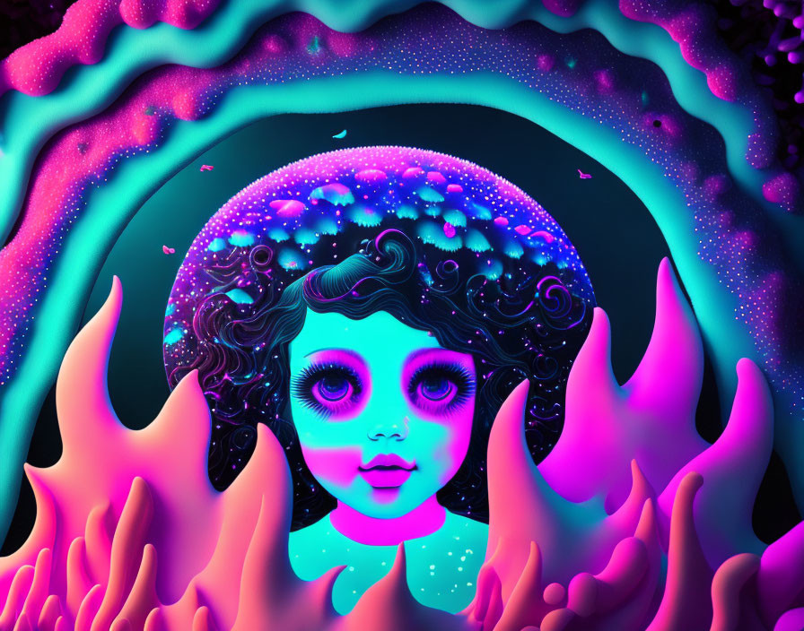 Child's face in surreal digital art with large eyes and cosmic backdrop