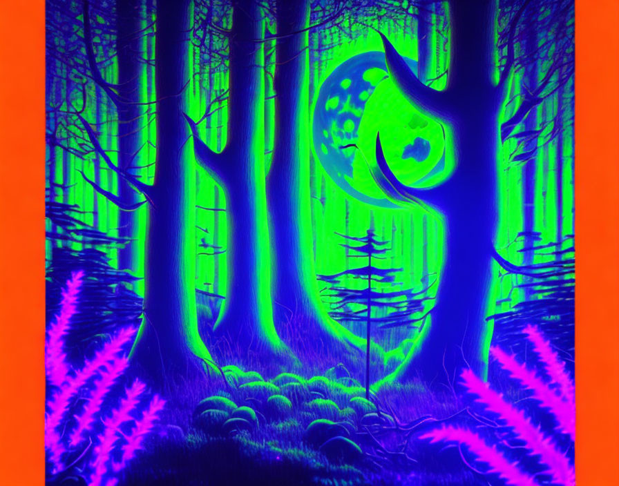 Vibrant neon-lit forest with glowing trees & alien-like foliage