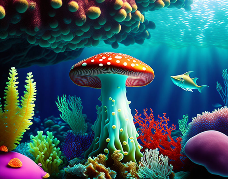 Colorful Underwater Scene with Mushroom-like Coral & Marine Life