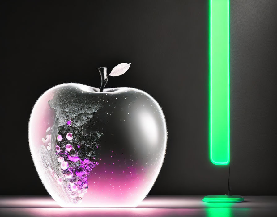 Translucent Apple with World Map and Light Tube in Digital Art