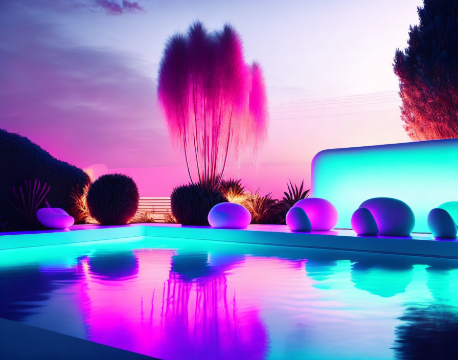 Neon-lit poolside scene at dusk with purple sky