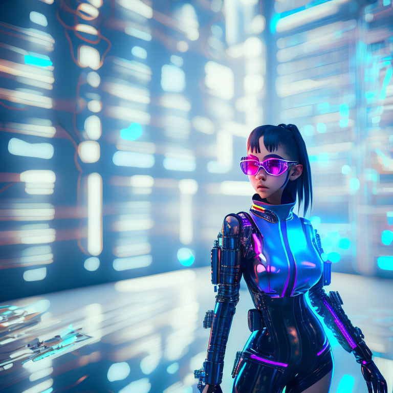 Futuristic woman in neon apparel and sunglasses in bright corridor