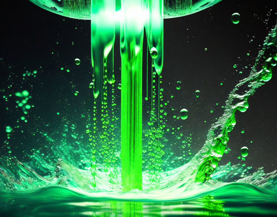 Dynamic green liquid splashing in water on dark background