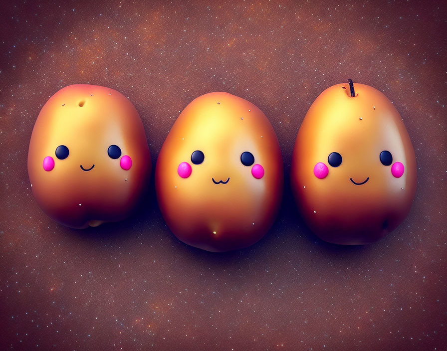 Anthropomorphic fruits with smiling faces on starry backdrop