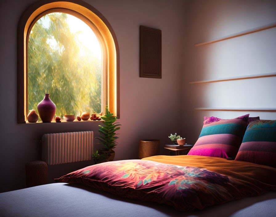 Colorful Bed and Arched Window in Cozy Bedroom