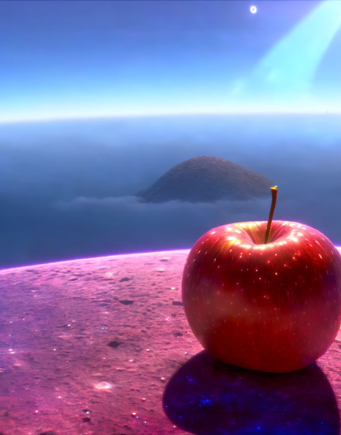 Red apple with leaf on purple rocky terrain under hazy sky