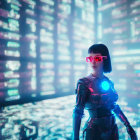 Futuristic woman in neon apparel and sunglasses in bright corridor