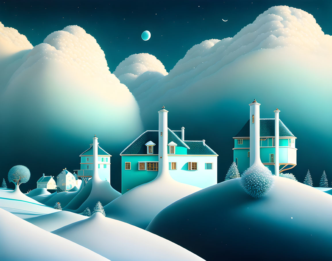 Stylized winter landscape with snow-covered hills and starry sky