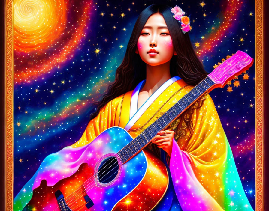 Colorful Woman with Flower in Hair Holding Galaxy Guitar