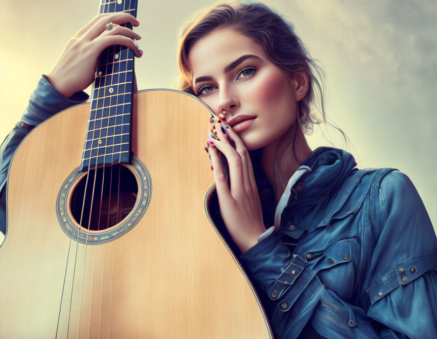 Woman with subtle makeup and colorful nails leaning on acoustic guitar under soft-lit sky