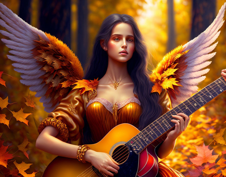 Digital artwork of angelic woman with wings and guitar in autumn forest