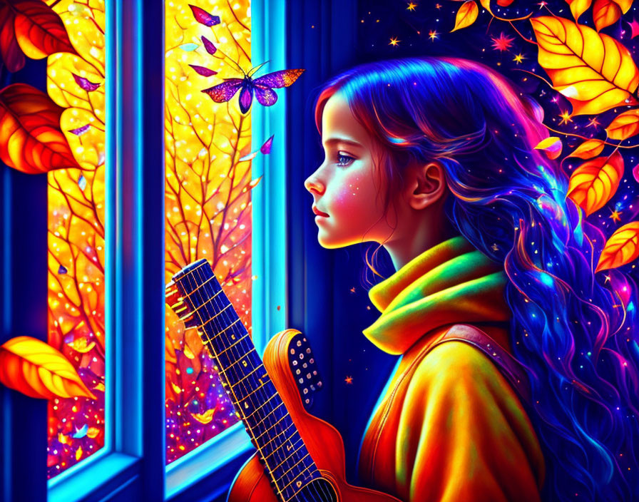 Colorful illustration: girl with blue hair, guitar, autumn window scene