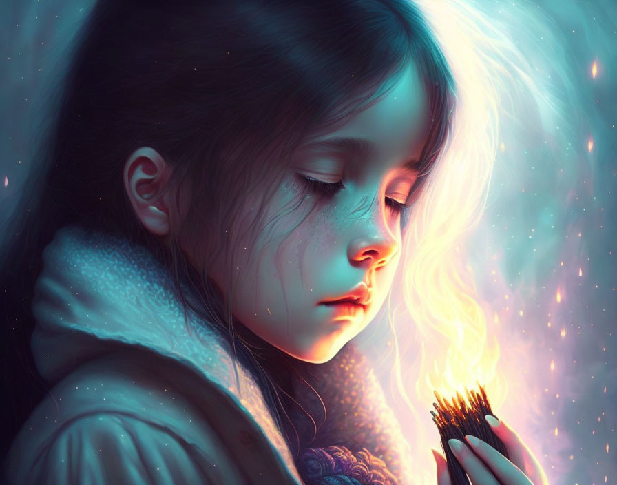 Young girl with closed eyes holding lit matchsticks in sparkling blue and pink lights