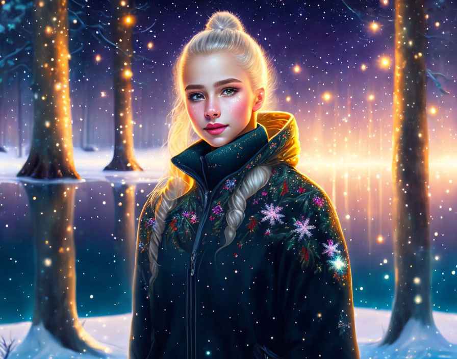 Young Woman in Decorated Winter Coat Stands in Snowy Starlit Forest