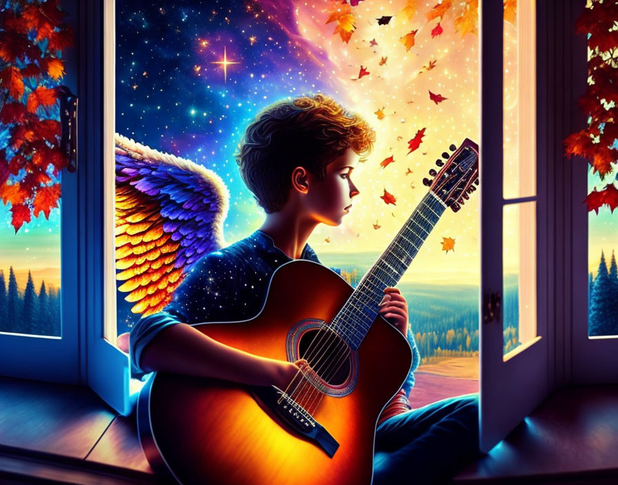 Angel with wings plays guitar by autumnal window view