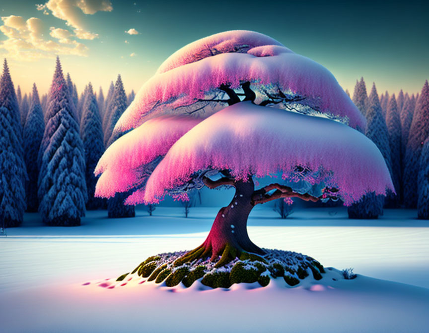 Pink snow-covered tree in frosty pine forest under twilight sky