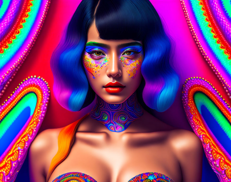 Vibrant makeup and psychedelic patterns on woman in digital artwork