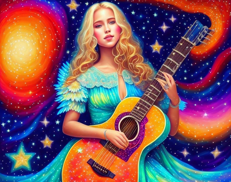 Blonde woman with guitar in cosmic fantasy scene